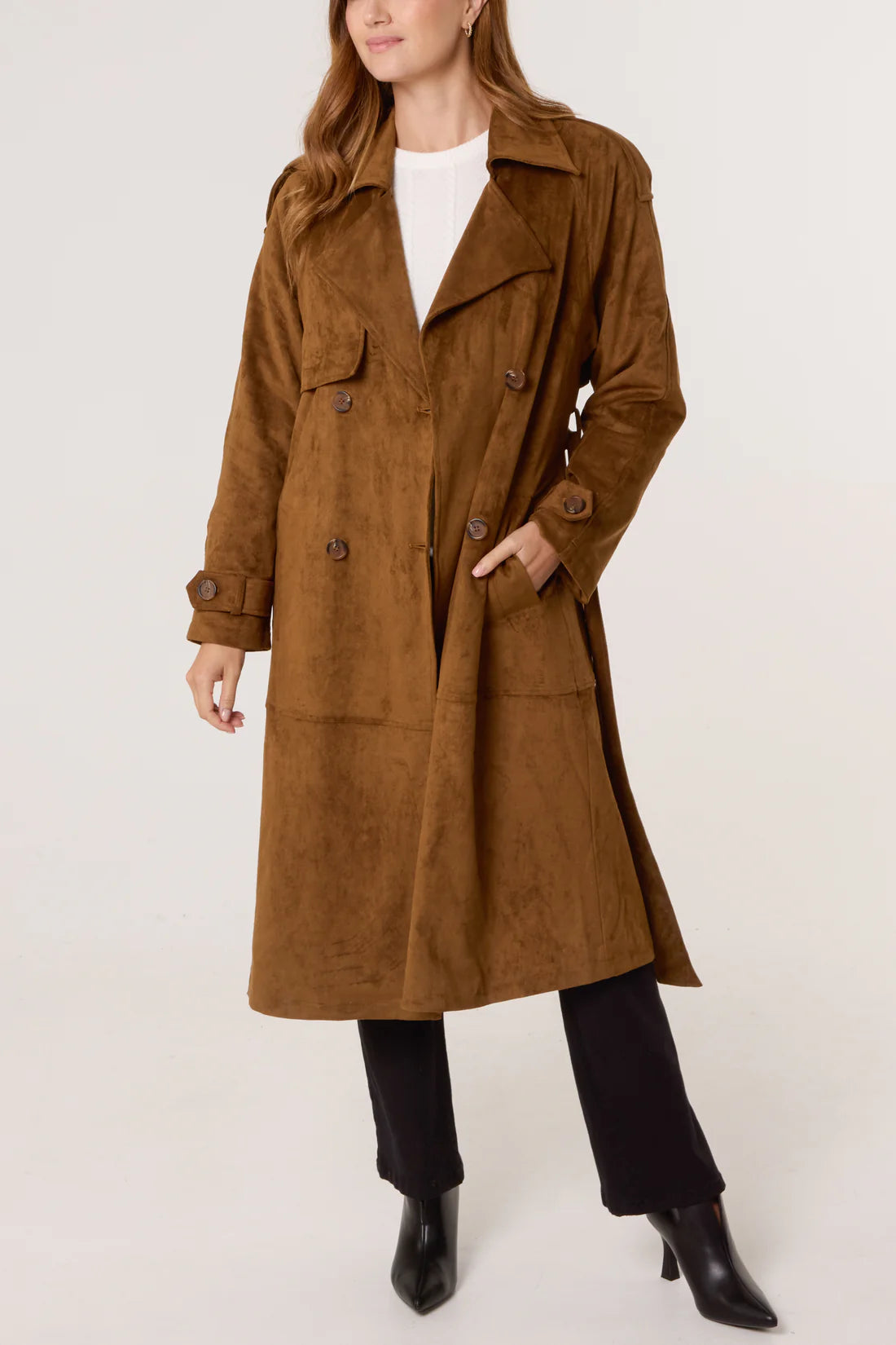 QED faux suede trench coat Tan
