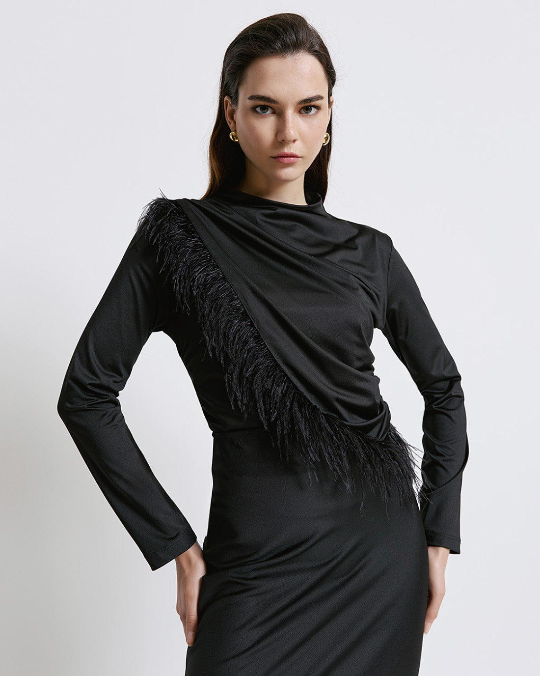 ACCESS Draped blouse with feathers